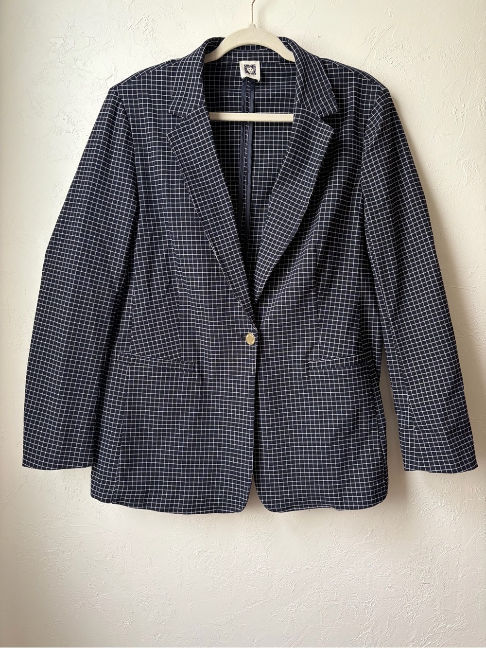 Anne Klein Navy Windowpane Check Stretch Blazer Jacket L